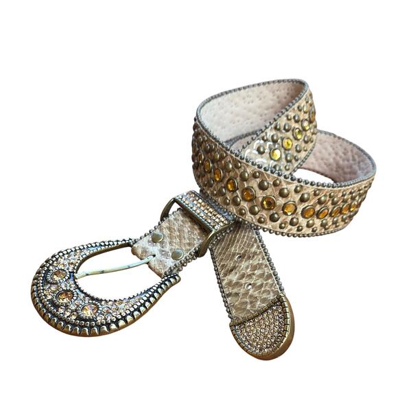 Chico’s Snake Print Leather Belt Small Rhinestone Western Glam Rodeo Y2K Boho - Picture 3 of 6